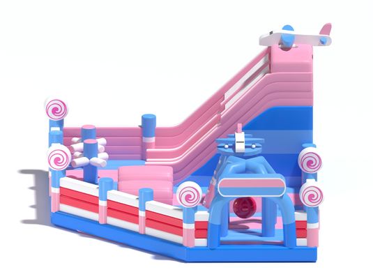 Çocuklar için şişme küçük sıçrayıcı kale pembe mavi kaydırmalarla